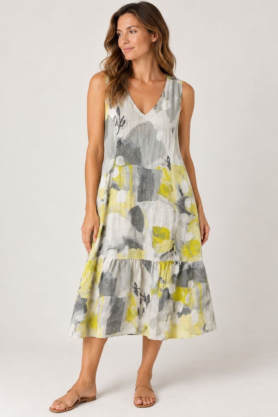 Art by Dolcezza 100% Linen Dress Size Large Abstract Artsy Yellow Gray Boxy
